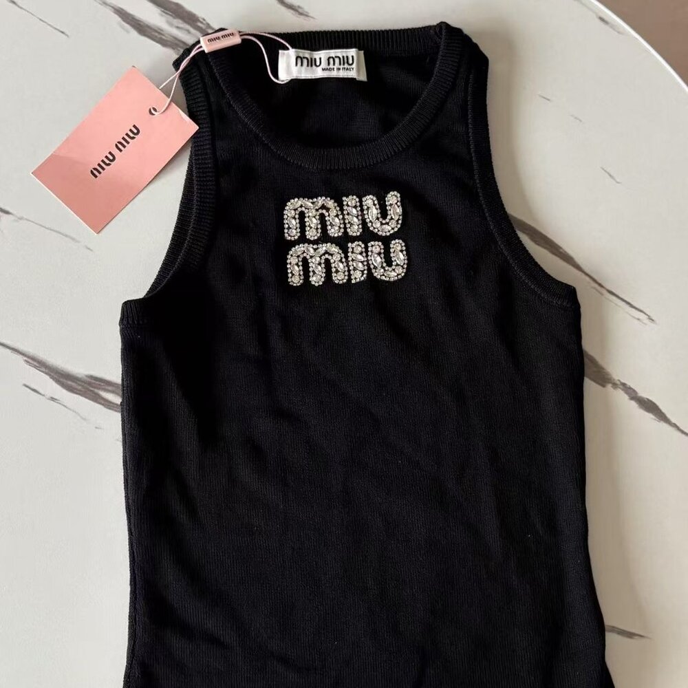 New Miu Miu Black Knit Tank Top with Crystal Logo, Tags Attac(100 to 120 pounds)